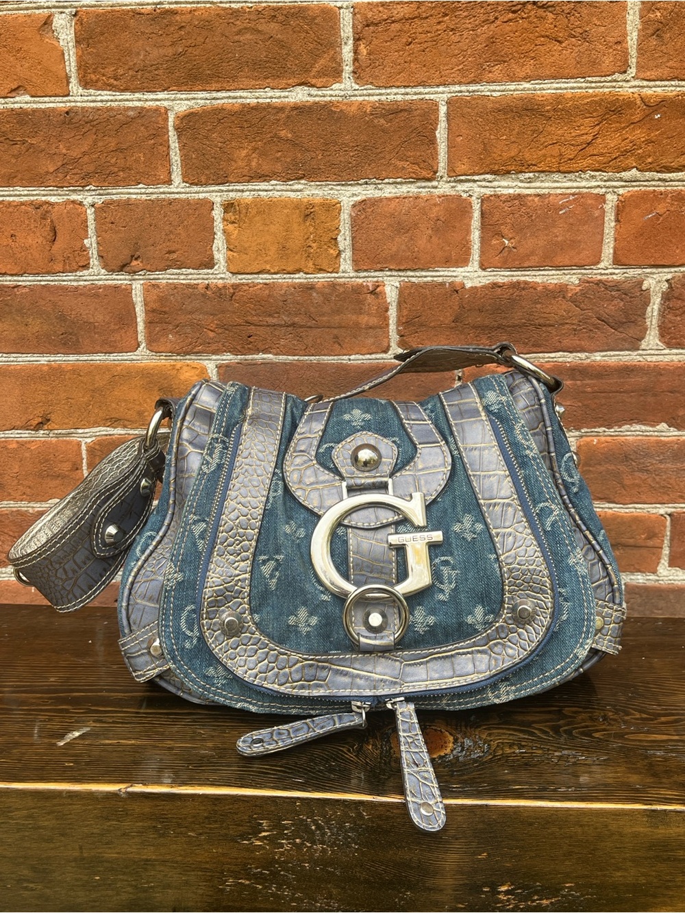 Vintage Y2K GUESS Ella Monogram Denim Shoulder Bag in Croc Embossed Trim